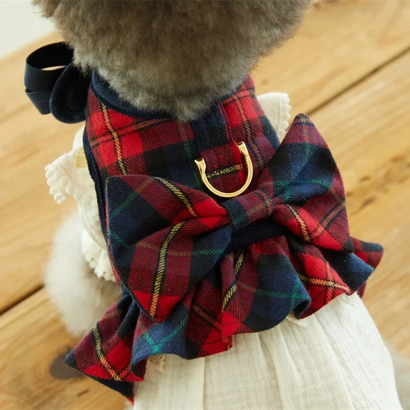 Pet Navidad Año nuevo mascota a cuadros perro correa para el pecho tirar cuerda caminar perro gato ropa chaleco tirar cuerda sombreros - imagen 4