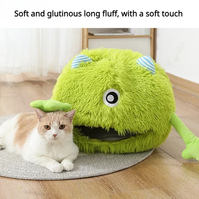 Cama para mascotas, nido de gato cálido de invierno, monstruo de peluche, Villa para mascotas, gatos semicerrados desmontables, casa para mascotas de dibujos animados, 1 ud. - imagen 2
