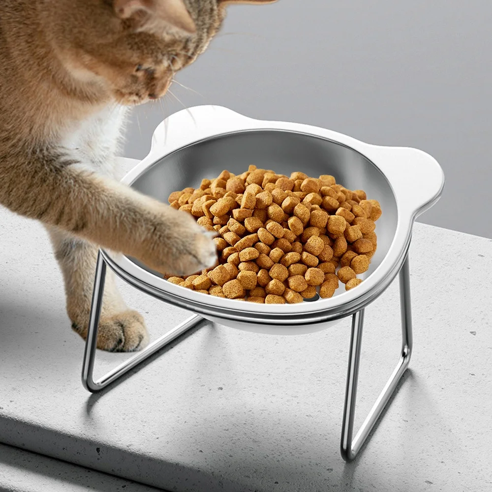 Cuenco para gatos de acero inoxidable, diseño de soporte elevado con llantas inclinadas para una protección mejorada del cuello, plato de alimentación duradero para mascotas