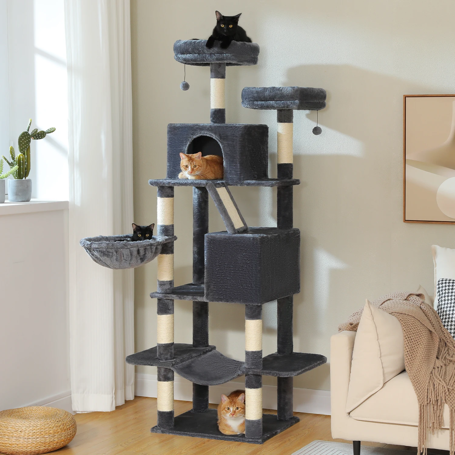Árbol para gatos de varios niveles con hamaca espaciosa, postes rascadores, Condo grande para gatos, torre alta para gatos, muebles para gatos grandes