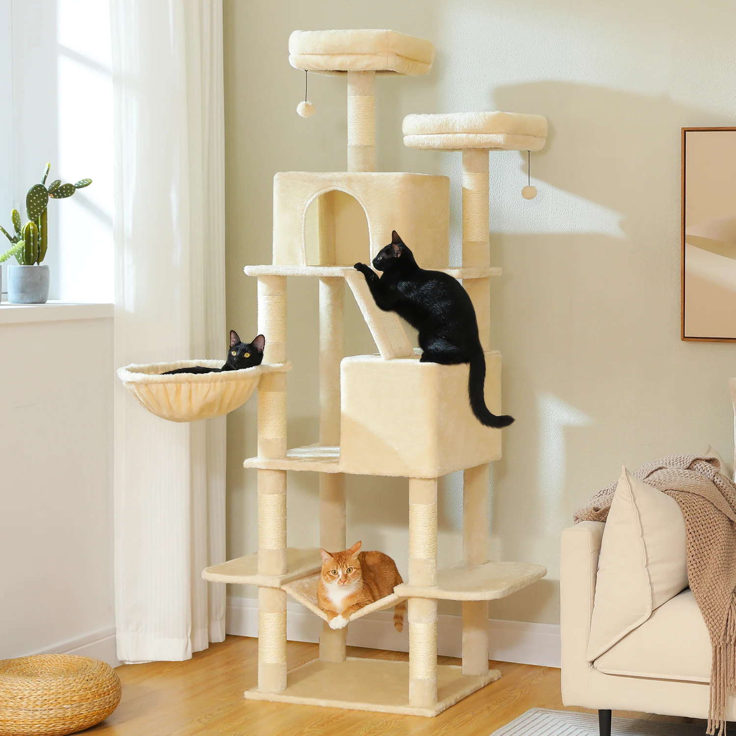 Árbol alto para gatos de varios niveles para interiores, torre grande para gatos con casa de condominio espaciosa, postes rascadores de Sisal, hamaca grande de felpa, juguetes para gatos