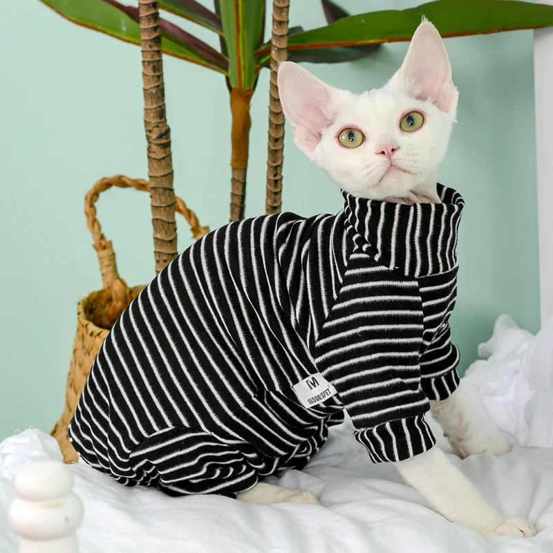 Sphynx Cat Clothes Jumsuit de 4 patas a rayas verdes suaves para gatitos Perros Abrigo de gran tamaño para gatitos en primavera Ropa de estar por casa para Devon - imagen 4