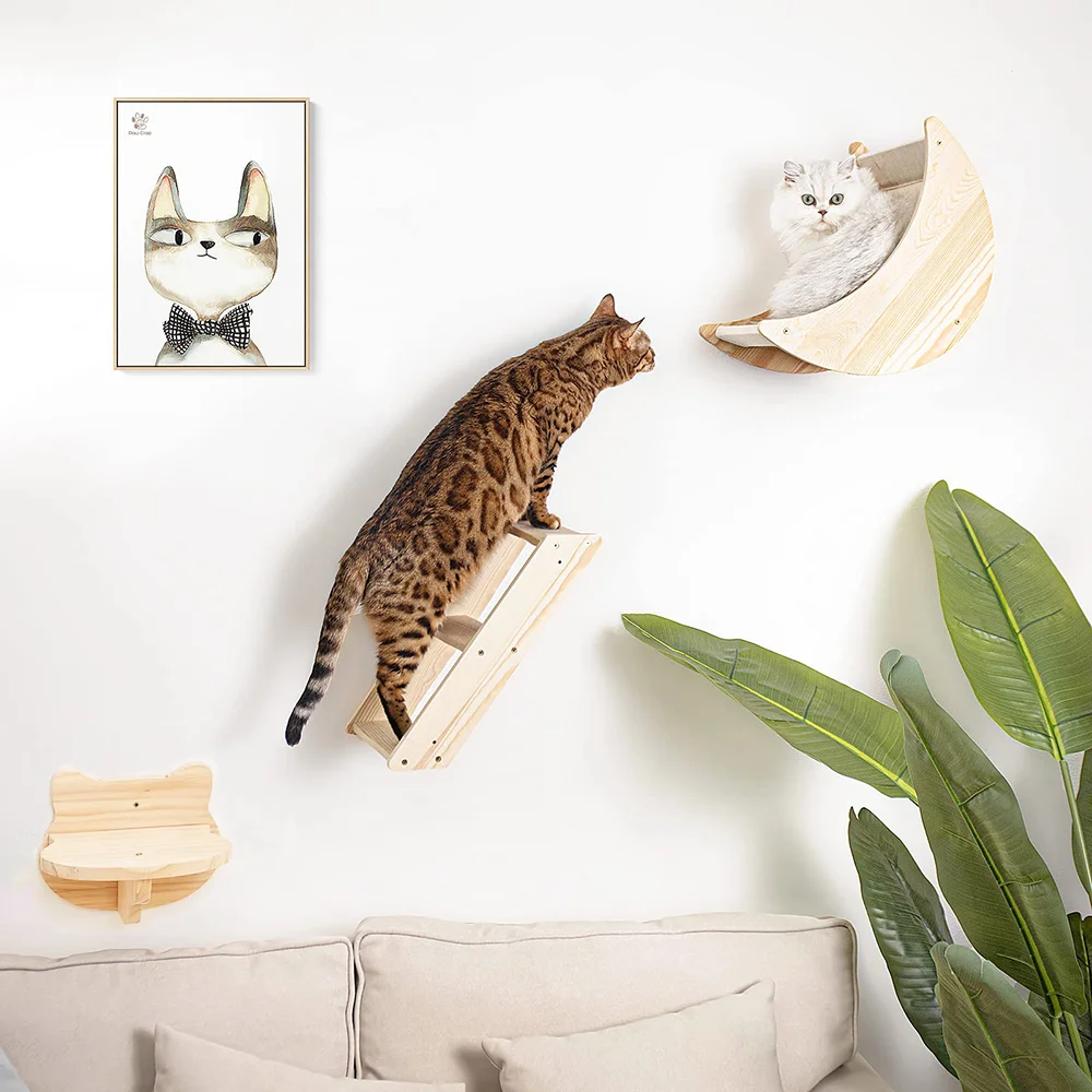 Muebles de pared, hamaca para gatos en forma de luna, estante para gatos, hamaca montada en la pared, marco de escalada, escalones de madera maciza