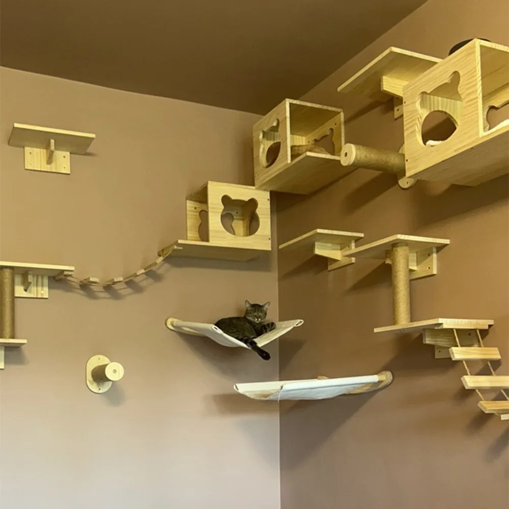 Centro de actividades de pared de madera para gatos, estantes flotantes, escalones para rascar, hamaca colgante y percha, muebles de pared para gatos para escalar y descansar