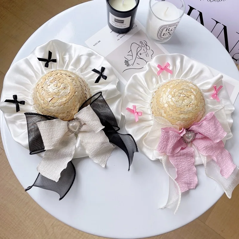 Sombrero con lazo de encaje para mascotas, sombrilla con lazo, sombrero de paja, ropa para perros y gatos, accesorios para sombrero que combinan, accesorios para perros Pomerianos para cachorros