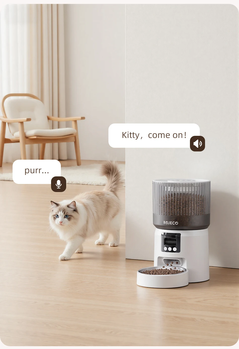 Gato usando el comedero automático ROJECO