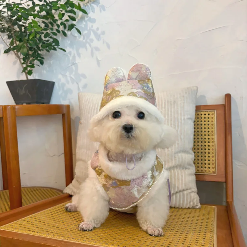 Abrigo bordado con cuello de piel para mascotas, ropa cálida de estilo chino, sombrero de conejo de piel, bolsa de perlas, ropa para mascotas, otoño e invierno - imagen 3