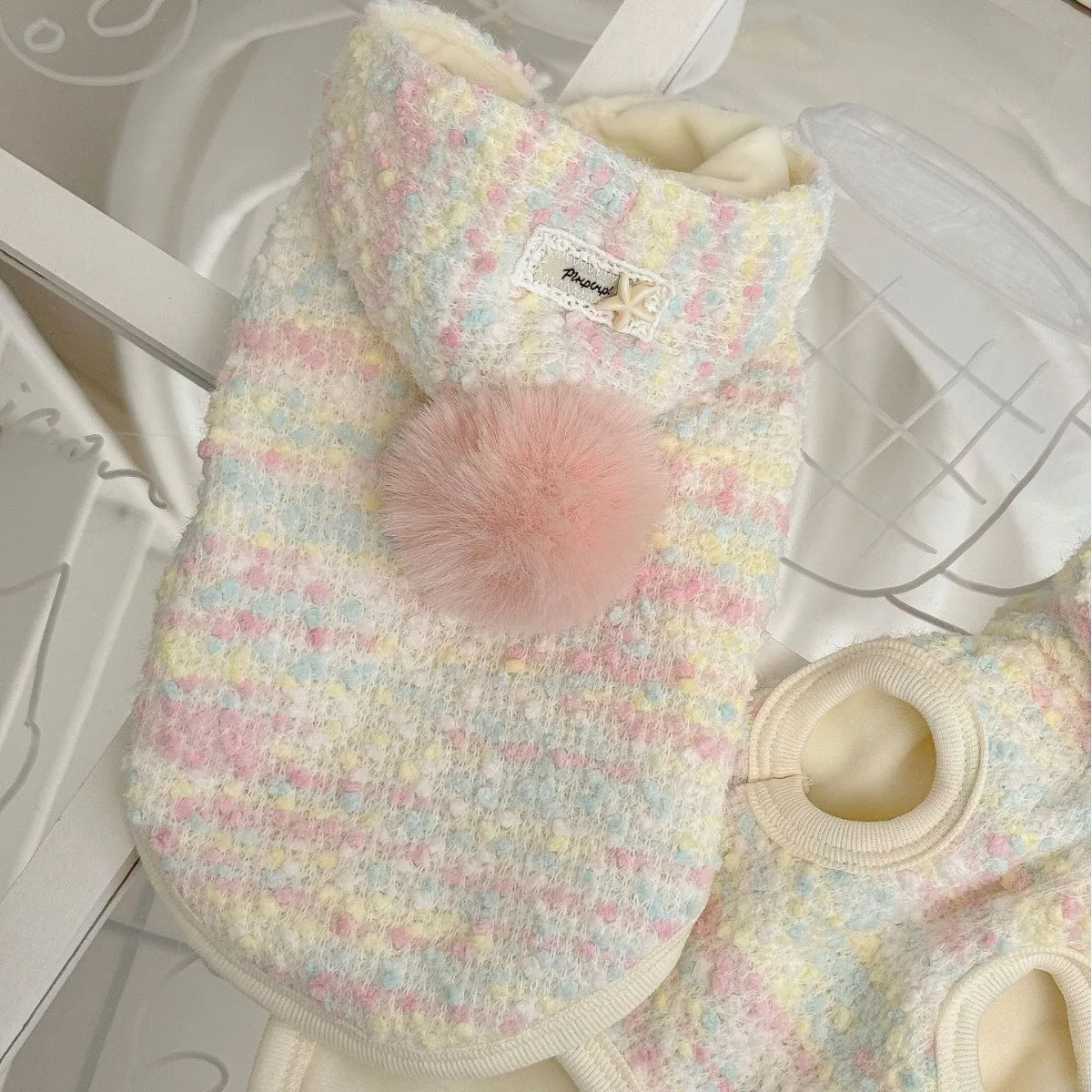 Sudadera con capucha de punto con bolas de lana para mascotas, chaqueta de peluche cálida para invierno, ropa para cachorros, ropa para perros pequeños, otoño e invierno - imagen 2