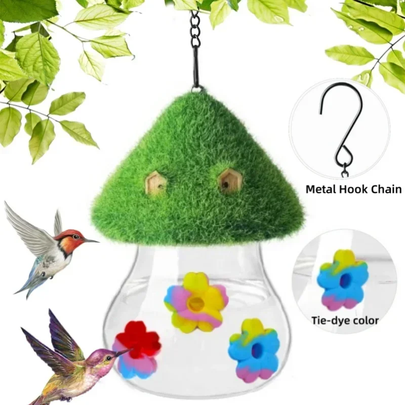Comedero para colibríes para exteriores, comedero colgante con forma de seta para pájaros con puertos de alimentación de flores para decoración de jardín al aire libre y patio trasero