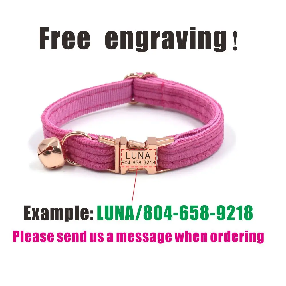 Collar de gato personalizado con campana, placa de identificación personalizada, hebilla de metal de identificación, collares de gato rosa ajustables con campana - imagen 4