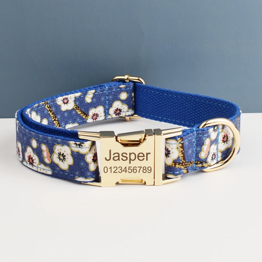 Collar de perro grabado personalizado de lujo, conjunto de correa y arnés, diseño Floral de algodón suave, accesorio de lazo personalizado para perros 02 - imagen 2