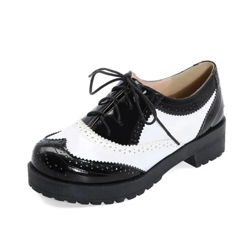 Zapatos brogue de estilo británico para mujer, calzado informal Oxford con punta redonda y punta de ala de colores mezclados atados cruzados, zapatos - imagen 3