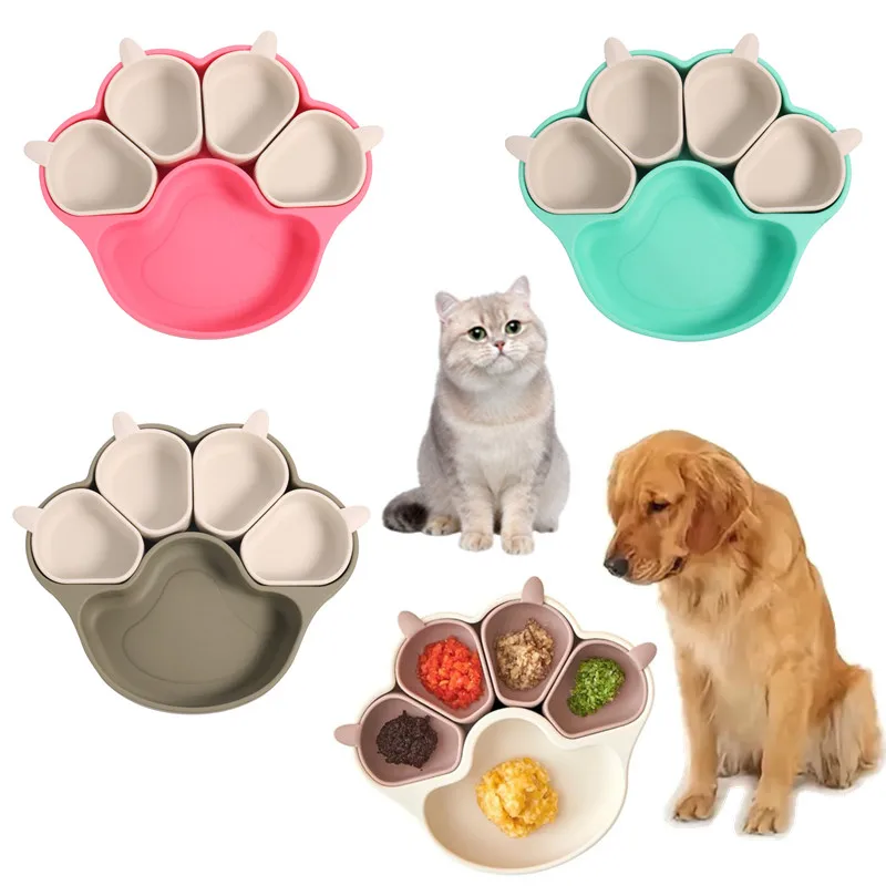 Cuenco para lamer de silicona para mascotas, cuenco con forma de pata de gato de dibujos animados, juego de vajilla con ventosa para perros y gatos, cuenco de comida con compartimento antiderrames