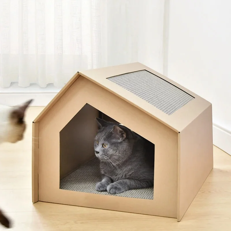 Casa de cartón para gatos con almohadillas para rascar, casa de juegos para gatos de interior, caja rascadora corrugada, juguete para rascar gatos - imagen 5