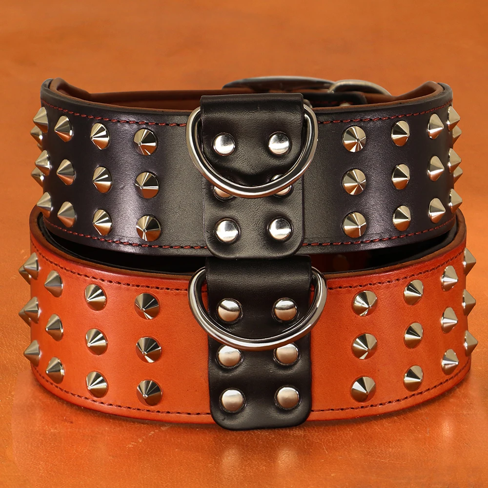Collar de perro con tachuelas y pinchos, collares de cuero auténtico para perros, collares con remaches para mascotas, ajustables para perros medianos y grandes Pitbull - imagen 2