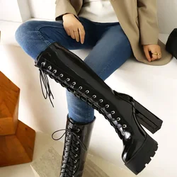 Botas moto mujer con plataforma gruesa hasta la rodilla – Rojo/negro