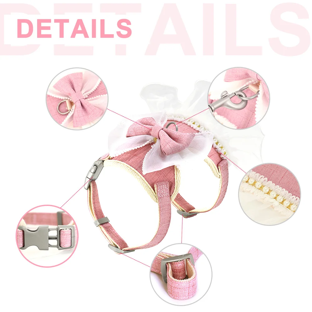 Arnés de nailon para gatos, conjunto de correa, bonito vestido con lazo para gatos, mascota, cachorro, Kittten, fiesta, disfraces de princesa, arneses para perros pequeños y gatos, color rosa - imagen 4