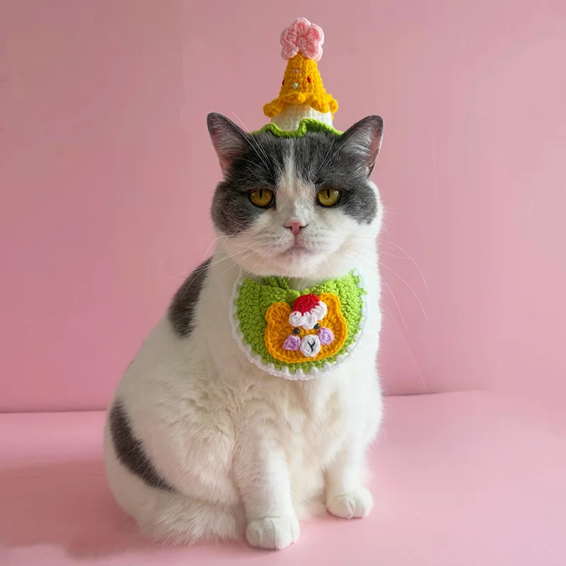 Gorro de cumpleaños tejido para perros, hilo de aseo tejido a mano para mascotas, gorro Floral pequeño, gorros para gatos, accesorios para perros pequeños y cachorros - imagen 4