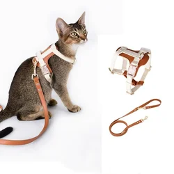 Arnés y correa para perros de cuero suave, pecho ajustable para gatos, cuerda para gatos, plomo para caminar al aire libre, chaleco para mascotas sin tirones, arnés marrón