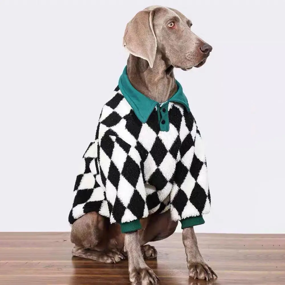 Perro grande usando el abrigo en color azul a cuadros