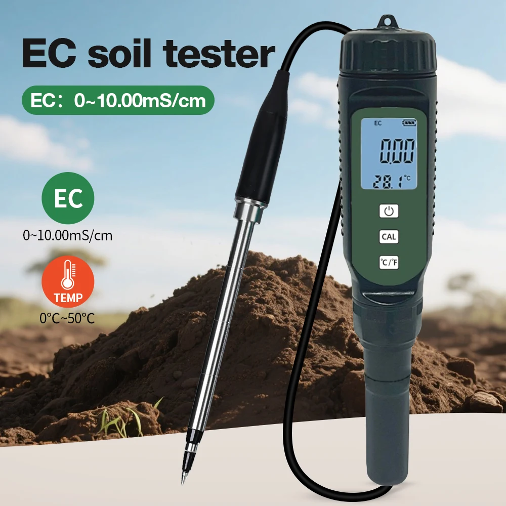 Medidor EC de suelo portátil, analizador de suelo de alta precisión, Detector de temperatura y EC de suelo 2 en 1, pantalla LCD, probador de suelo para flores