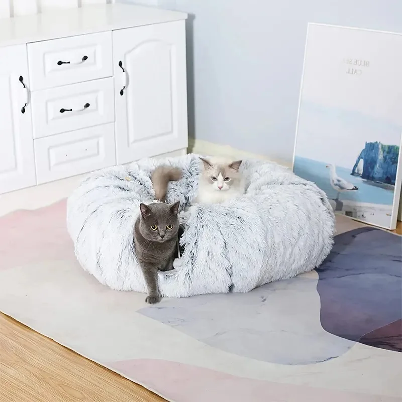 Cama tipo túnel plegable redonda para gatos y perros pequeños, cueva larga y cálida de felpa, cama para dormir de invierno para mascotas, refugio para dormir profundo - imagen 2