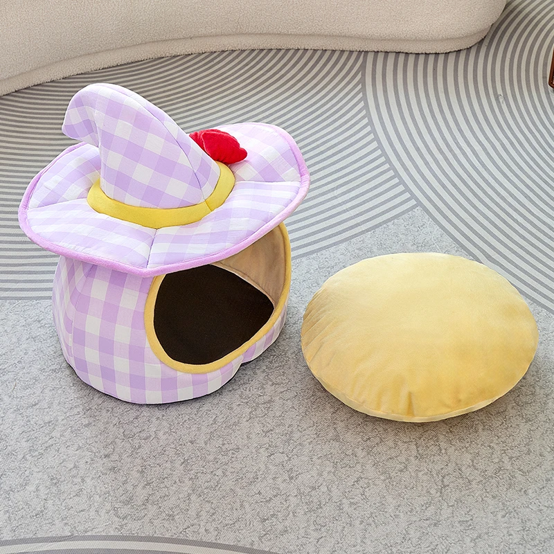 BOOTEELY Sombrero morado Nido Casa para gatos Nido de invierno cerrado de felpa cálido Acogedor cojín extraíble lavable Fondo antideslizante Interior - imagen 5