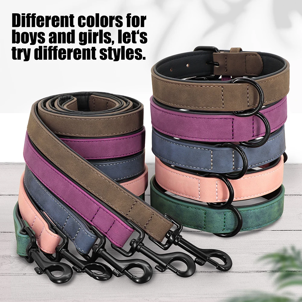 Collar de cuero PU para perro, conjunto de correa, collares acolchados suaves para cachorros, Collar ajustable para mascotas con plomo para caminar para perros pequeños y grandes, Pug - imagen 3