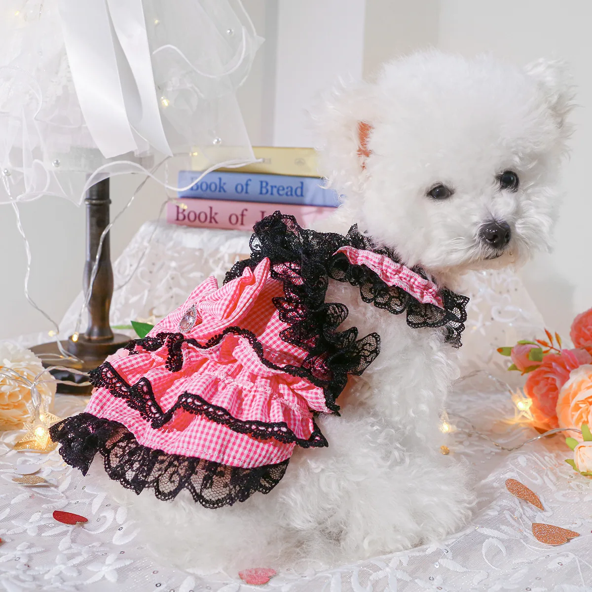 Vestido especial para mascotas del Día de San Valentín, traje rosa de chicle recortado con encaje para perros pequeños y gatos para ocasiones festivas - imagen 4