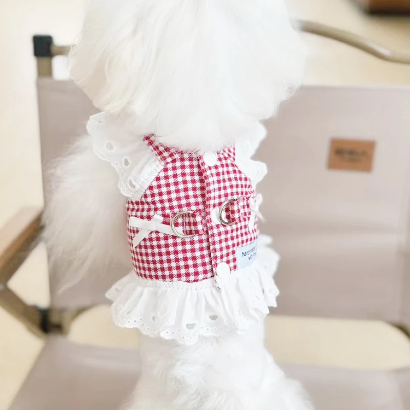 Ropa para perros de primavera y verano, chaleco con arnés para perros a cuadros, forro de malla de encaje, vestido de princesa Retro, chaleco para mascotas pequeñas para Chihuahua Yorkie