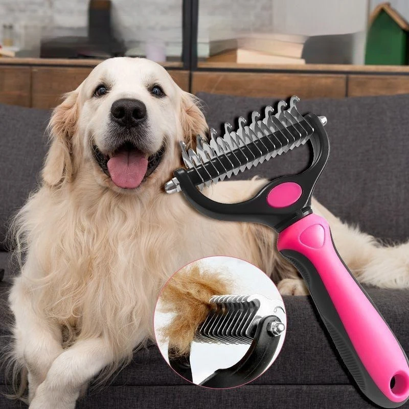 Peine rastrillo anudado de doble cara de acero inoxidable para perros y gatos, aseo seguro y cómodo, desenredante