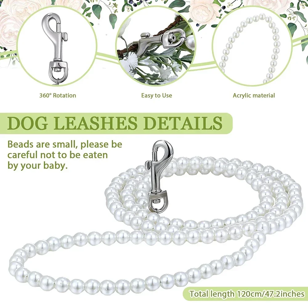 Juego de Collar y correa de flores para perros, correa de perro con cuentas de perlas de 120 cm, collares para atuendo de boda, corona, accesorio para fotografía de mascotas - imagen 4