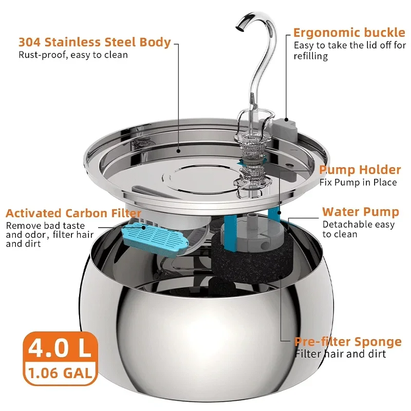 Alimentador de agua para mascotas de acero inoxidable ultrasilencioso de 4L, dispensador automático, bebedero, bomba de agua ultrasilencioso, cuencos para gatos y perros - imagen 2