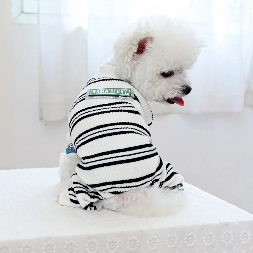 Pantalones vaqueros a rayas para mascotas, mono a rayas para perros, ropa para gatos, ropa vaquera a rayas elástica de cuatro patas para otoño e invierno - imagen 4