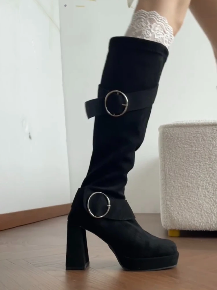 Botas altas de caballero de tacón grueso para mujer, zapatos concisos con hebilla de cinturón, botines largos ajustados elásticos cómodos para otoño e invierno - imagen 3