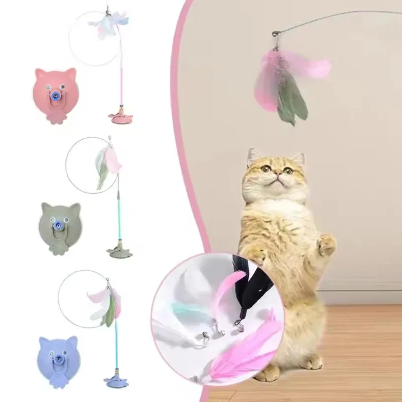 Varita de plumas para gatos con campana, juguete interactivo con ventosa para gatitos y gatos, accesorios divertidos para jugar a Enga - imagen 2