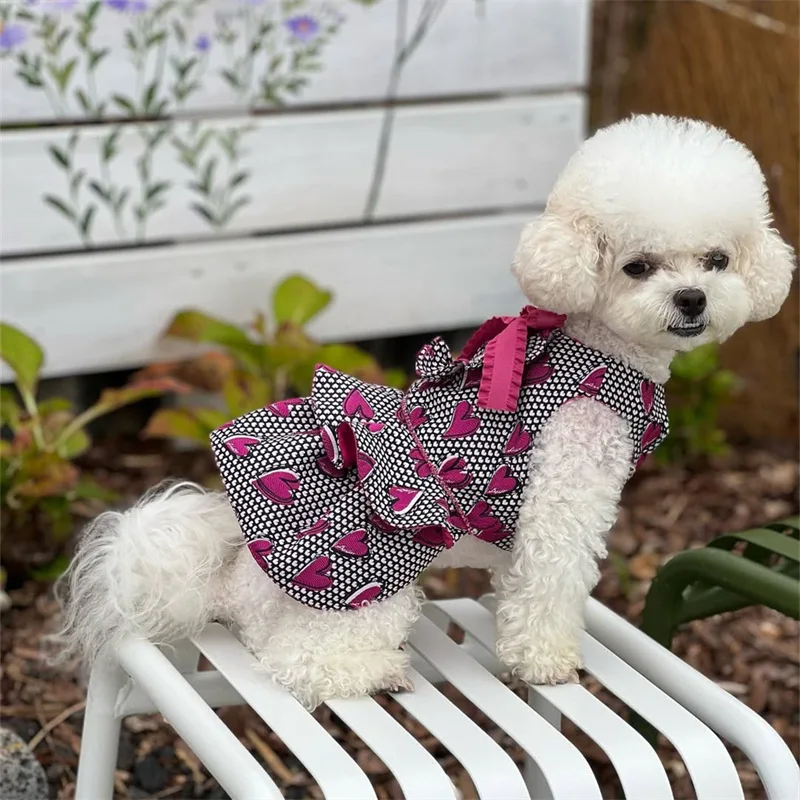 Vestido con lazo de amor para mascotas, ropa para perros de peluche, suministros para mascotas, vestidos para perros pequeños, ropa para cachorros, otoño e invierno - imagen 4