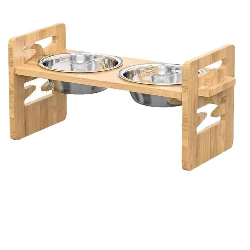 Cuenco doble elevado de bambú ajustable para gatos y perros en casa - imagen 3