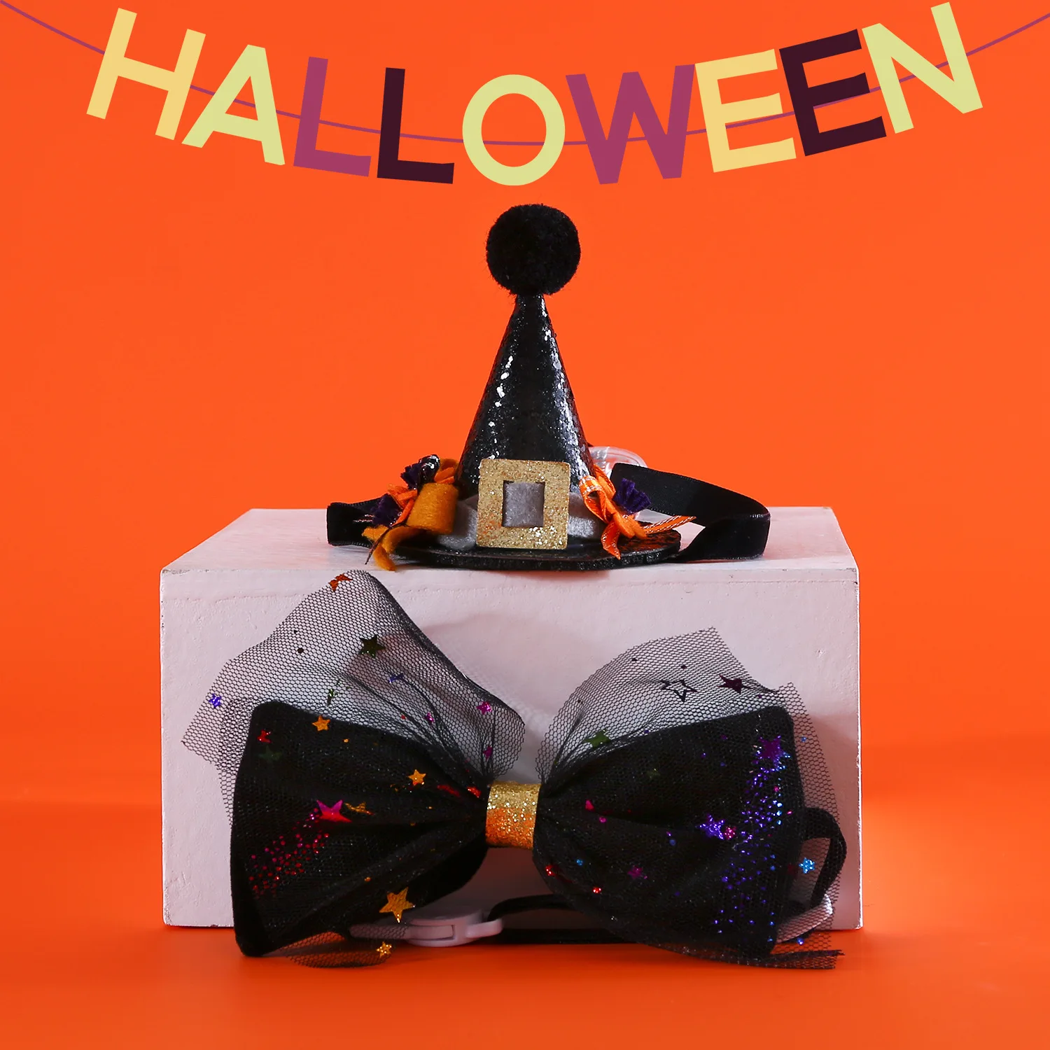 Conjunto de disfraces de Halloween para mascotas, cuello de pajarita de terciopelo de calabaza, sombrero de lentejuelas, tocado de gato y cachorro, fotografía - imagen 2
