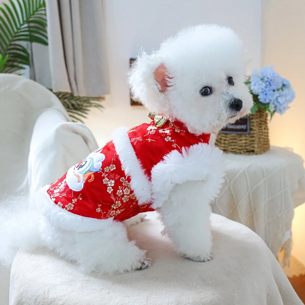 Ropa de invierno para perros chinos, danza del león Vintage, abrigos personalizados para gatos esfinge, sin mangas, Cheongsam cálido para cachorros y niñas - imagen 3