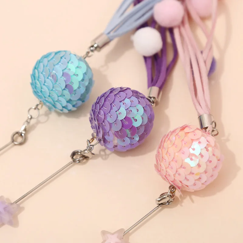 Bola de lana con borla para gato, palo con lentejuelas, pluma interactiva, suministros para mascotas - imagen 4