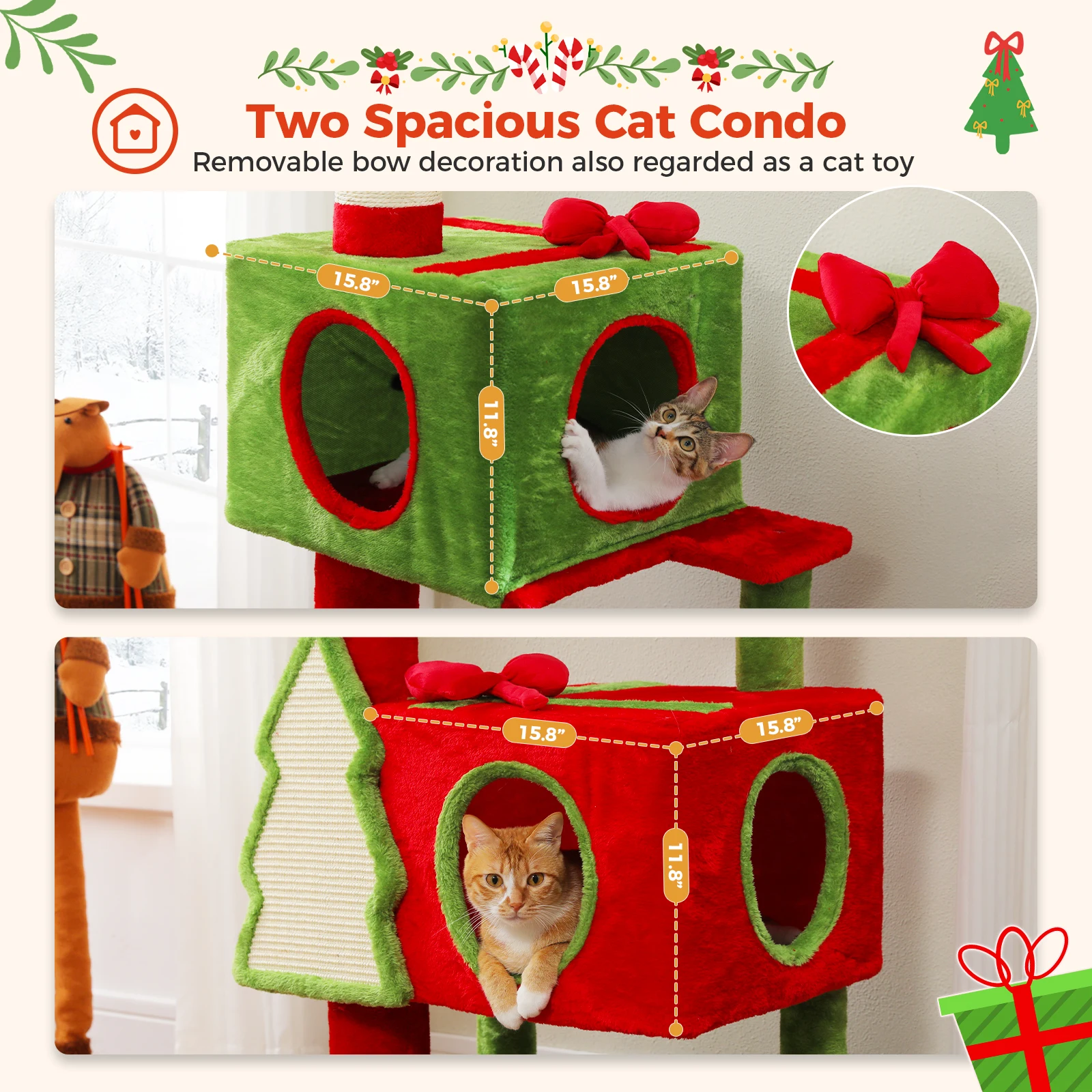 Árbol para gatos de Navidad de piso a techo de 231-274CM, torre para gatos del Festival de Navidad con condo rojo, poste para rascar cubierto de Sal para gatos - imagen 3