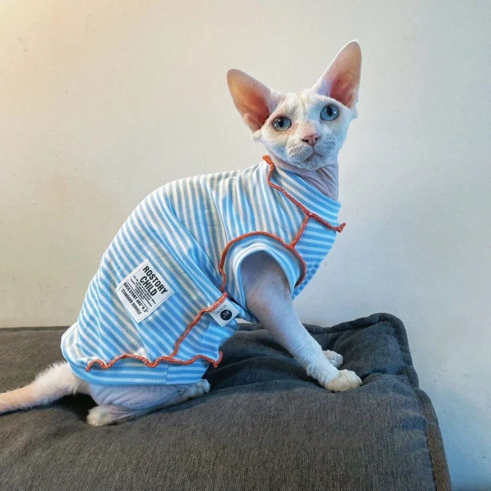Camiseta de manga corta a rayas azules para gatos machos en primavera Mono de algodón dulce de verano para Devon Rex Chaleco de verano para gato Sphynx - imagen 3