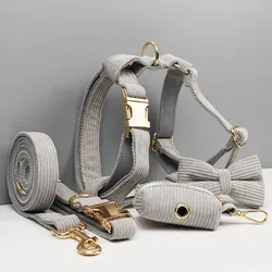 Collar y correa de pana gris para perro con placa de identificación grabada