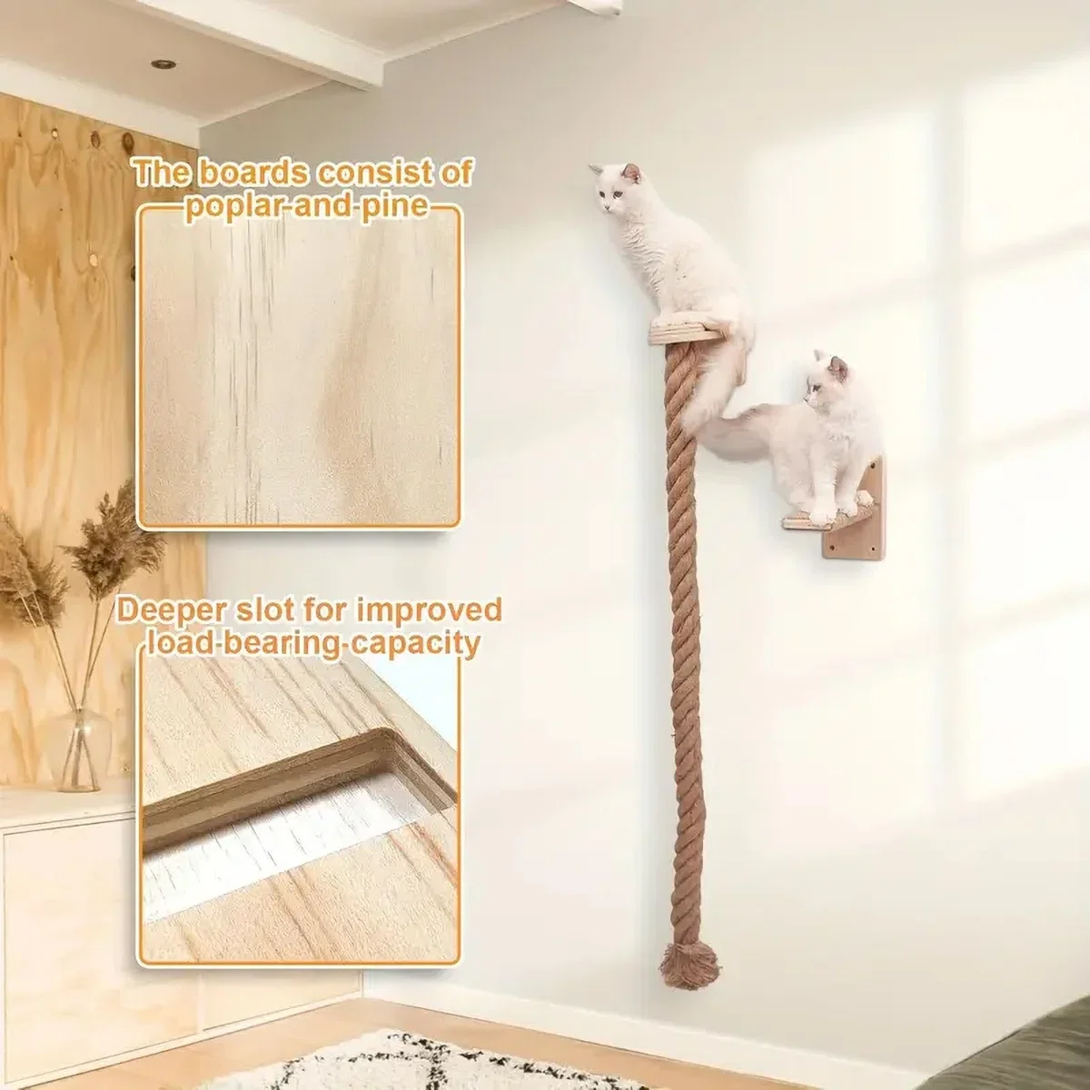 Cuerda de escalada para gatos con estante de madera, Pedal de madera maciza montado en la pared o muebles para gatos estilo gancho para entrenamiento y molienda de garras - imagen 5