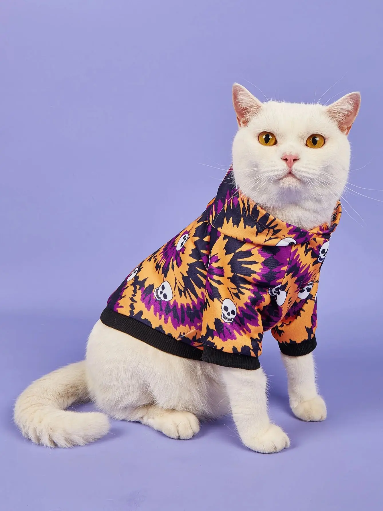 Sudadera con capucha para mascotas de Halloween con estampado de remolino naranja y morado, motivos de calavera, sudadera con capucha para perros pequeños/gatos, traje festivo educado - imagen 2