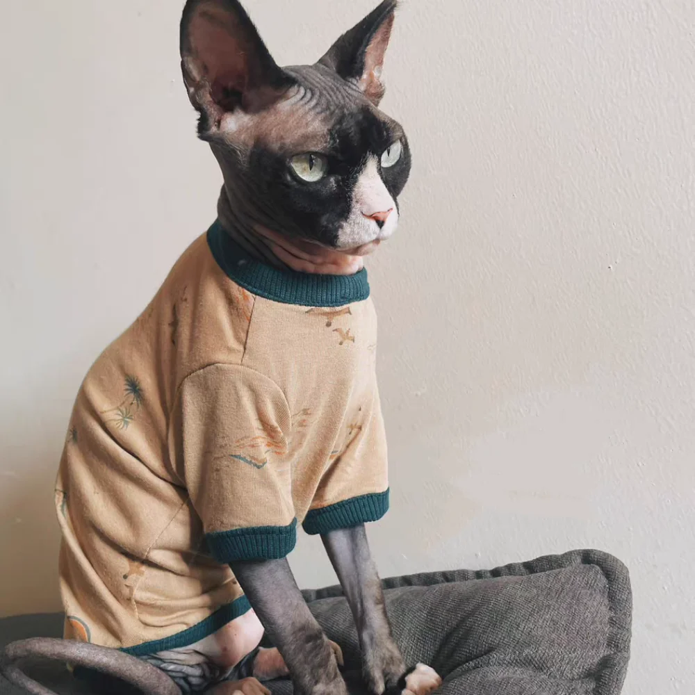 Ropa de gatos Camisa de dibujos animados de algodón de primavera para Sphynx Abrigo de manga larga para gatitos Sudadera caqui de moda de verano para Devon Rex