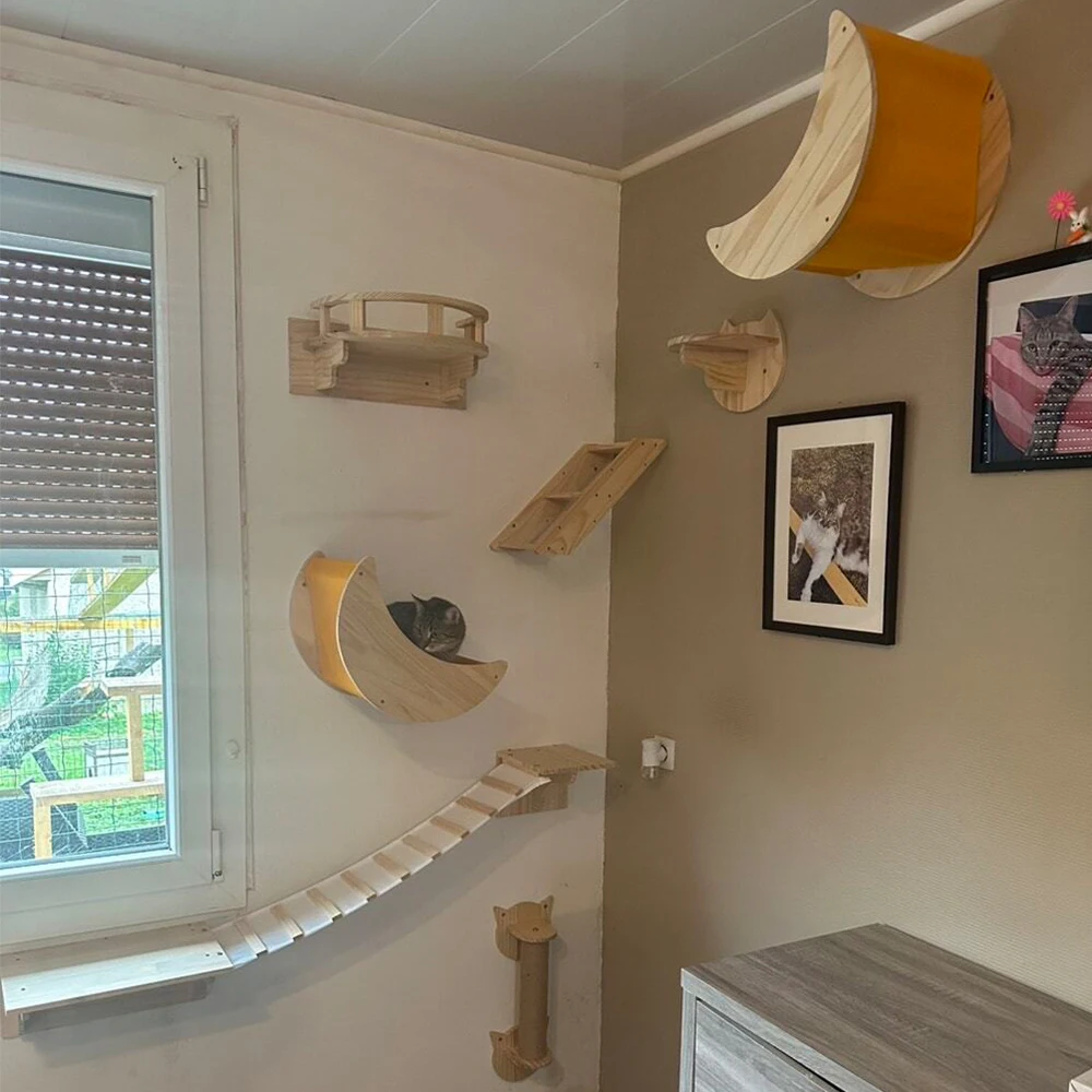 Árbol de Sisal montado en la pared para gatos, poste para rascar, hamaca de descanso, juego de escalera de madera maciza y Pedal para gatos, muebles para mascotas de interior - imagen 2