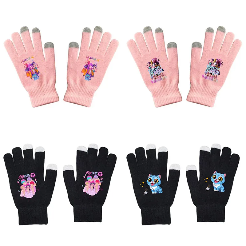 K-pops-guantes para niñas cazadores de demonios, guantes tejidos con estampado de dibujos animados Kawaii, guantes cálidos de invierno para exteriores, regalos de cumpleaños para niños