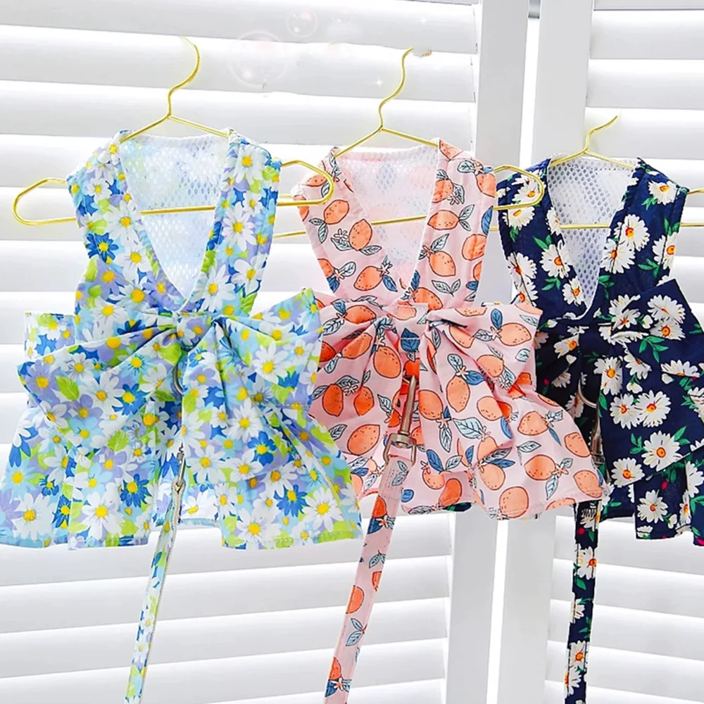 Floral Print Pet Harness with Skirt Cute Puppy Dog Harness and Leash Set for Small Dogs Chihuahua Yorkshire mascotas Accessories - imagen 3